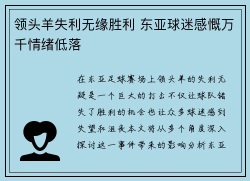 领头羊失利无缘胜利 东亚球迷感慨万千情绪低落