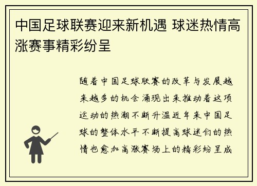 中国足球联赛迎来新机遇 球迷热情高涨赛事精彩纷呈