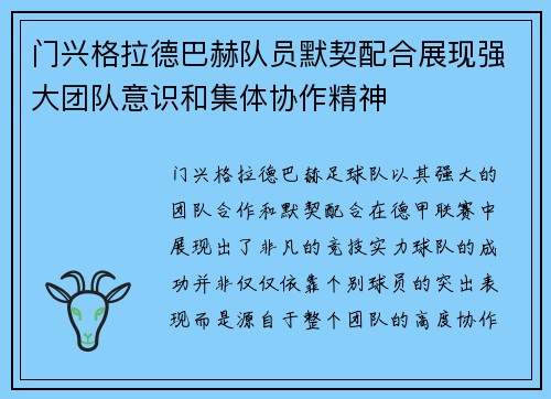 门兴格拉德巴赫队员默契配合展现强大团队意识和集体协作精神