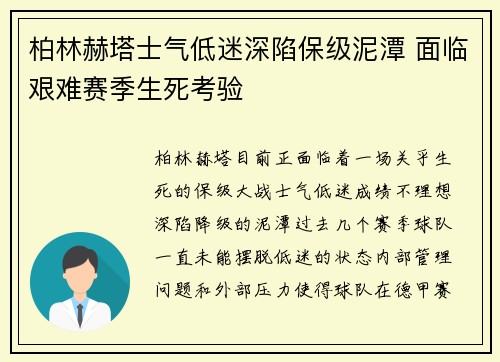 柏林赫塔士气低迷深陷保级泥潭 面临艰难赛季生死考验